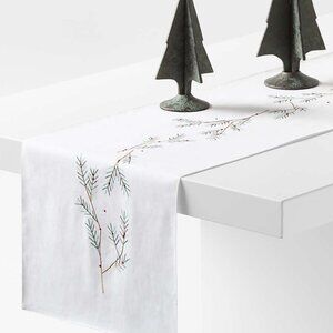 Crate & Barrel Embroidered Holly Sprig 90" White Linen Holiday Table Runner
